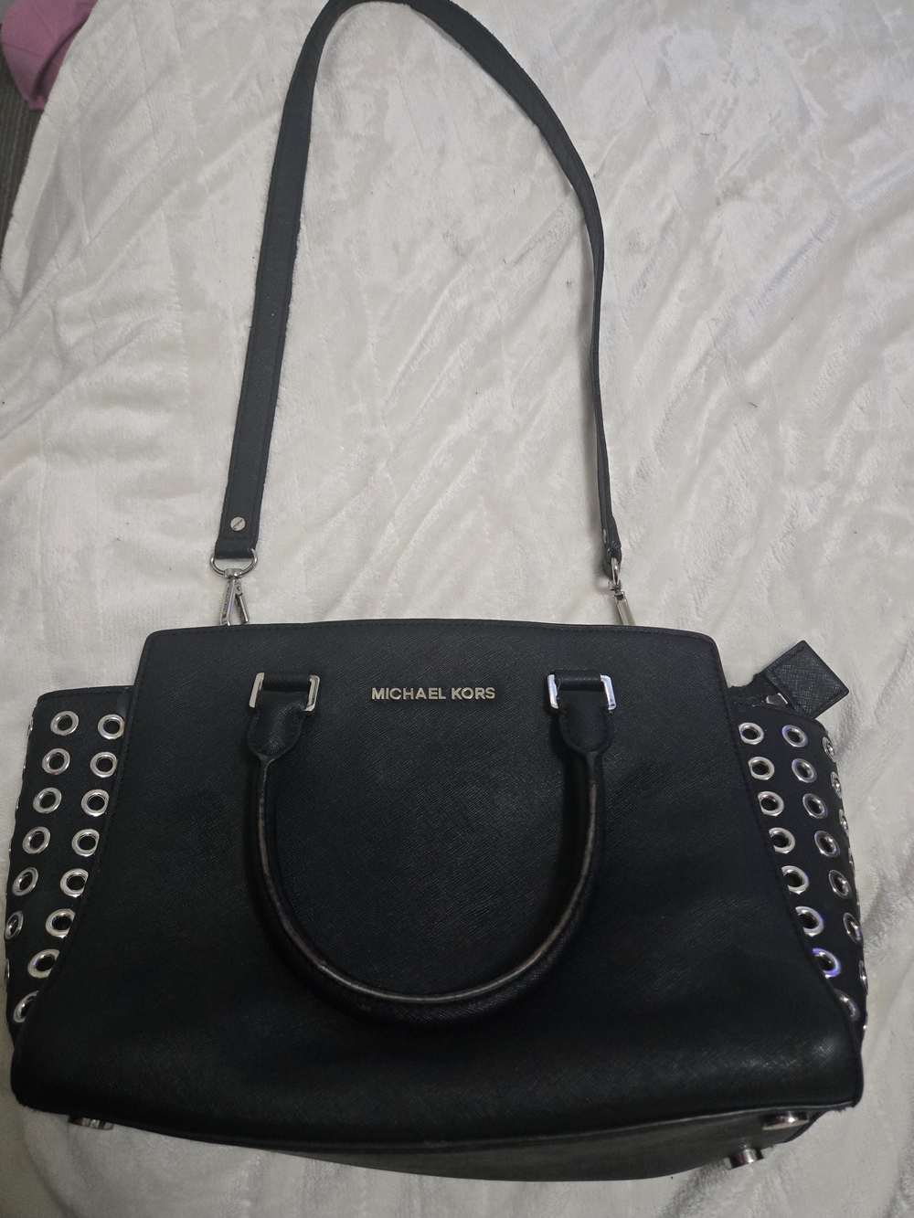 Michael Kors Black Satchel with Silver Eyelet Accents